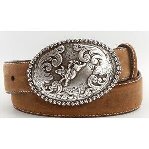 Nocona Bull Rider Buckle Youth Leather Belt Embossed Rodeo Brown Silver Sz 22